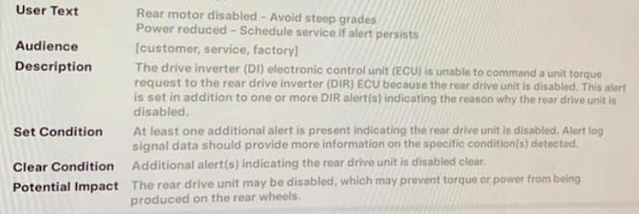 Tesla "Rear motor disabled" alert clear