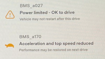 Tesla "Acceleration and top speed reduced" alert clear