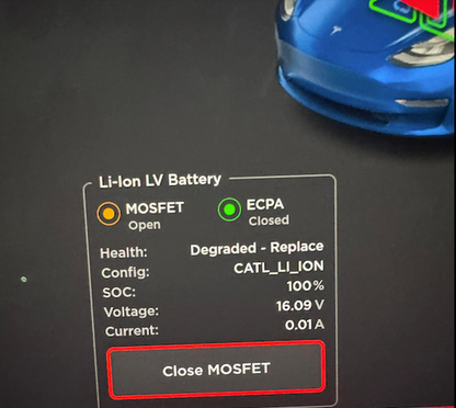 Close Tesla 16V Low Voltage Battery "MOSFET"