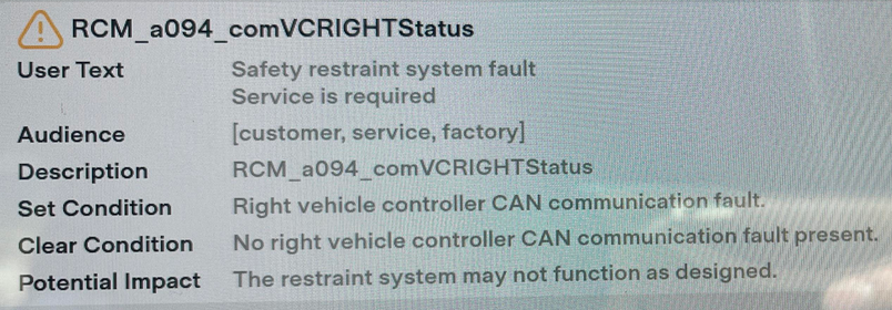 Tesla RCM_a094 alert (Remote diagnosis and support to clear)