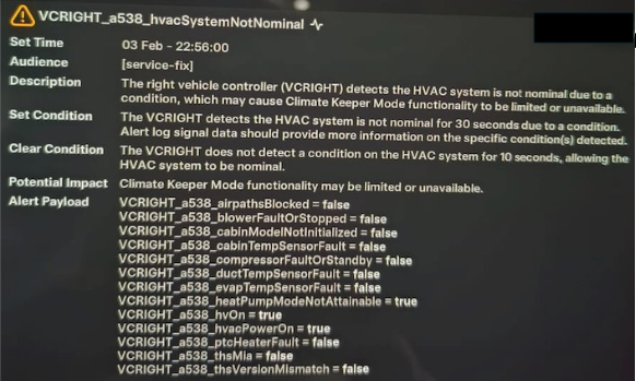 Tesla "Climate keeper unavailable due to system fault" alert clear