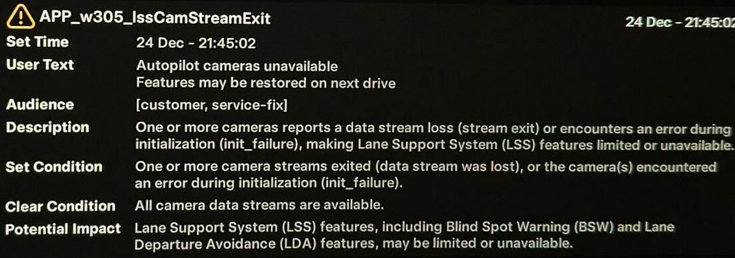 Tesla "Autopilot Cameras Unavailable" alert clear