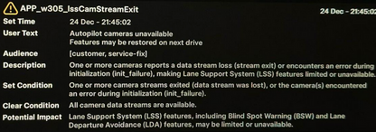 Tesla "Autopilot Cameras Unavailable" alert clear