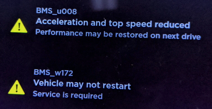 Tesla "Acceleration and top speed reduced" alert clear