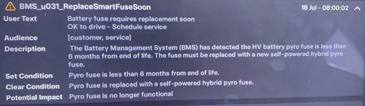 Tesla "Battery Fuse requires replacement soon" alert