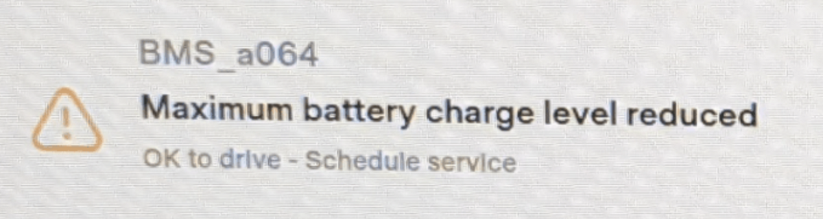 Tesla BMS_a064 "Maximum battery charge level reduced" alert clear