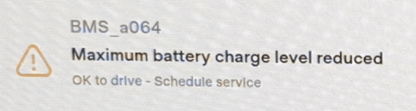 Tesla BMS_a064 "Maximum battery charge level reduced" alert clear