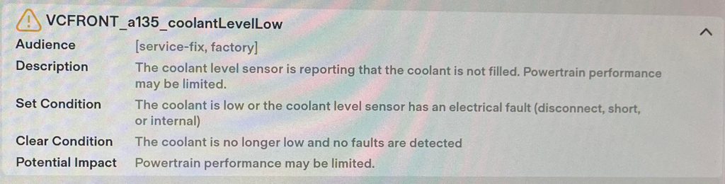 Tesla "Vehicle coolant Level is Low" alert clear